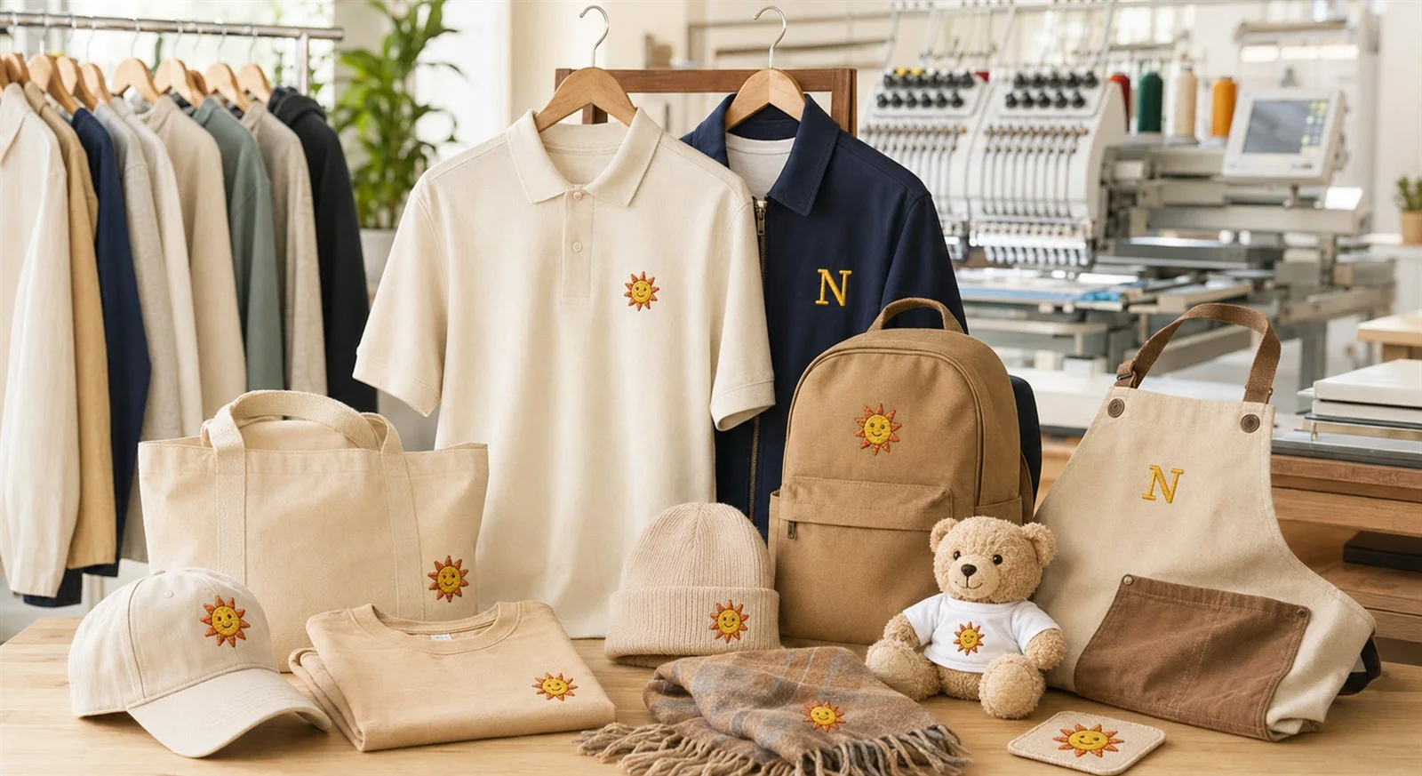 งานปักบนเสื้อโปโล หมวก กระเป๋า ผ้ากันเปื้อน และตุ๊กตา
